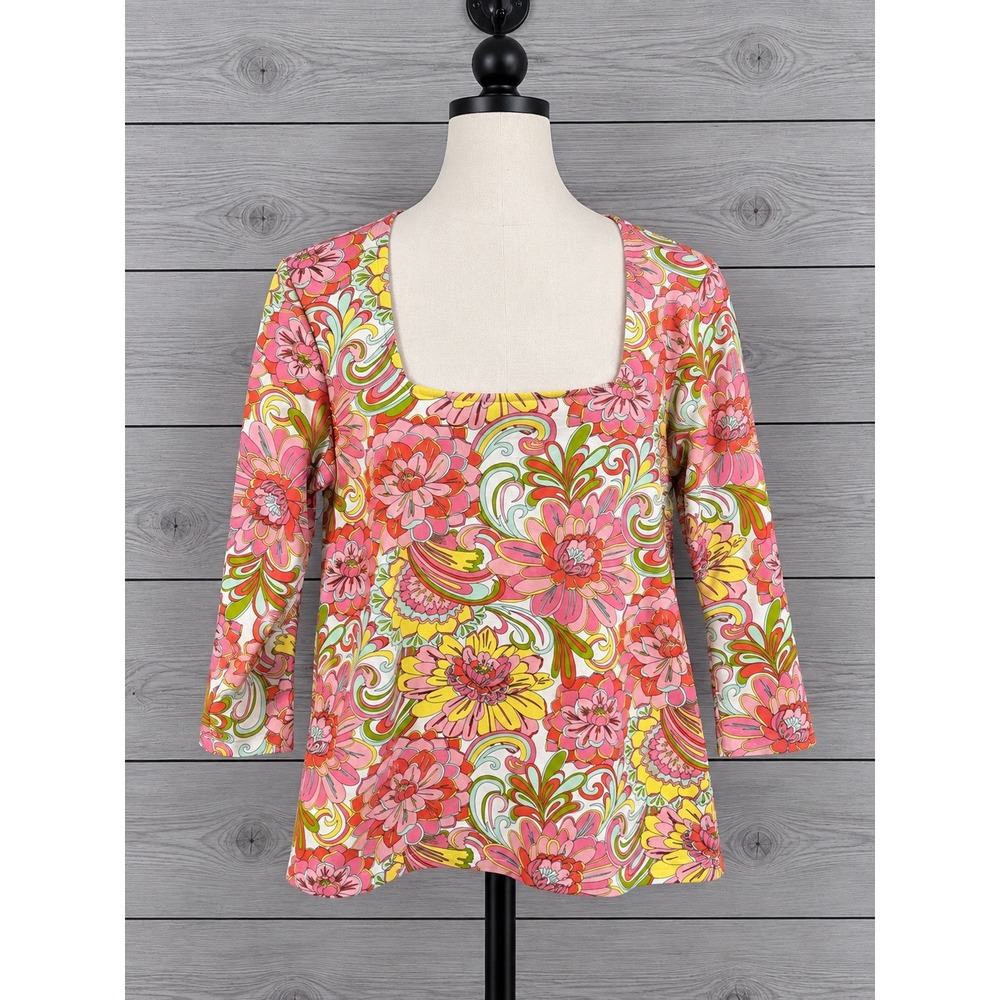 Boston Proper Top Size L Pink Floral Square Neck 3/4 Sleeve Retro Mod